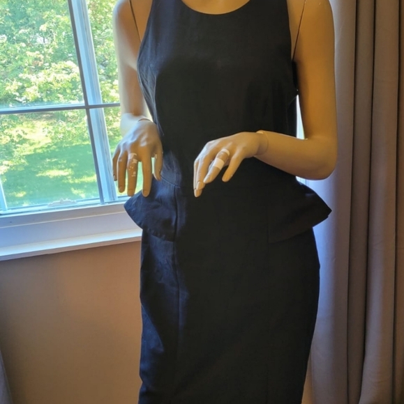 Black Bi-Stretch Sheath Dress with Peplum - Picture 2 of 6